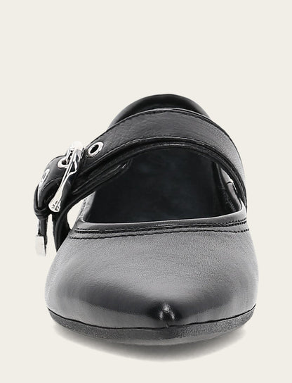 Women's Black Heather Buckle Mary Jane Flats