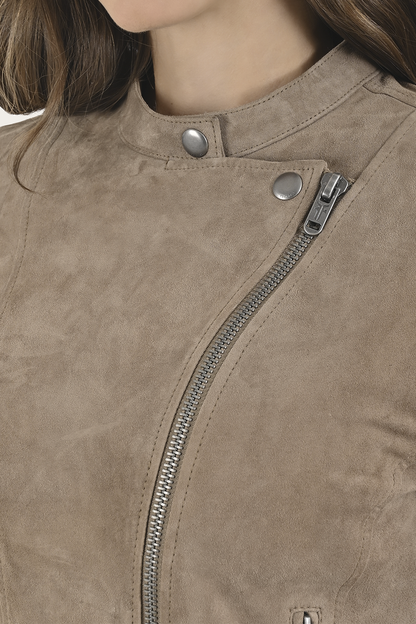 Women’s Taupe Jace Hybrid Biker Racer Suede Jacket