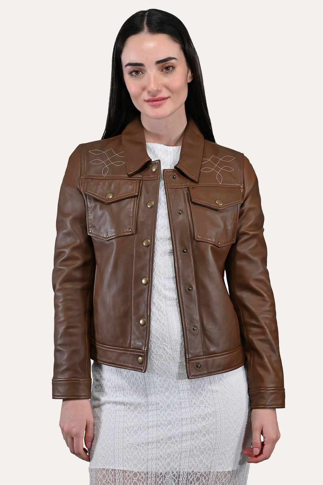 Women’s Medium Brown Callum Trucker Leather Jacket